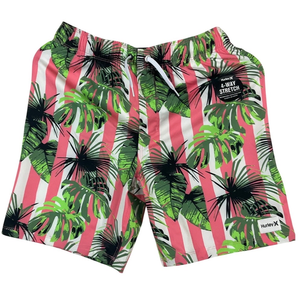 Hurley Boys Pink‎ Tropical Stripe 4-Way Stretch Swim Trunks Board Shorts Large L